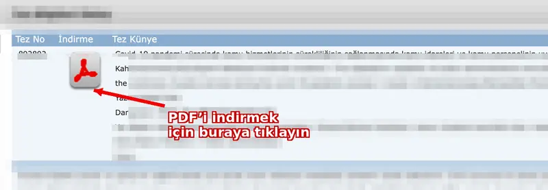 YÖK Tez sayfasında PDF indirme ikonunun yeri